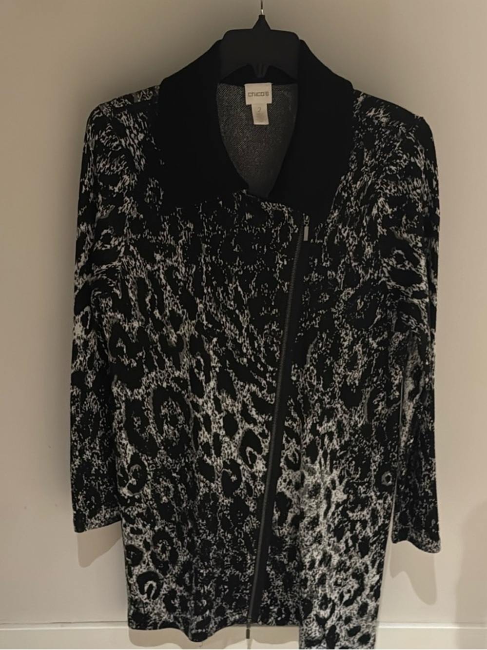 Chico's Black and White Leopard-Print Zip Sweater/Jacket